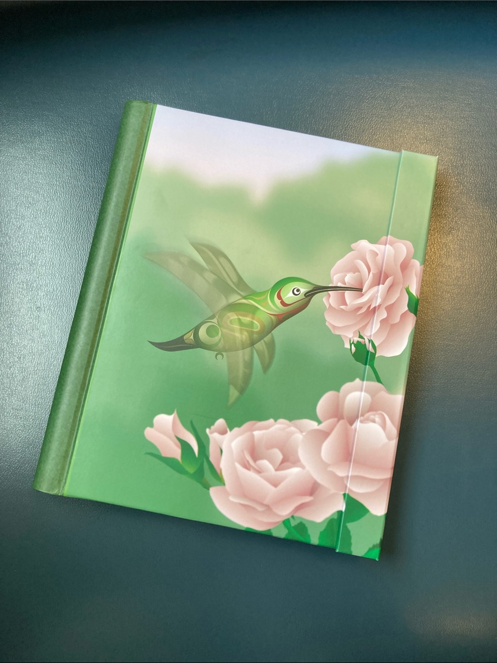 Green Hummingbird Notebook with Pink Floral Accent